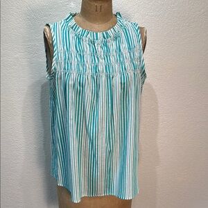 Lilypad Women's Medium Striped Teal White Ruched‎ Ruffle Sleeveless Top NWT